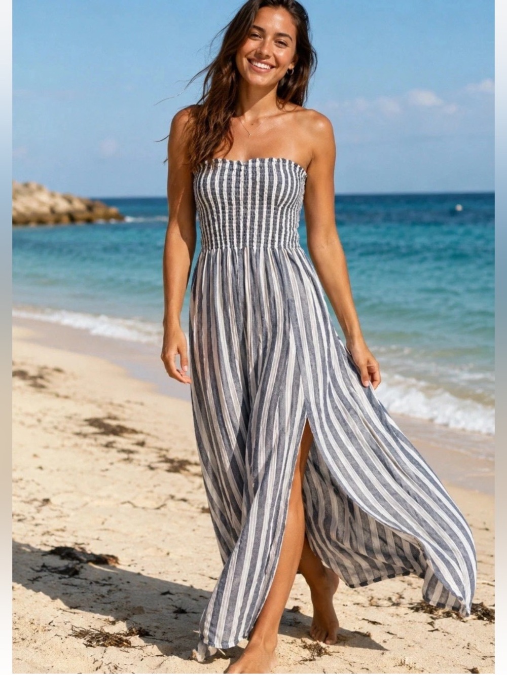 blue island Navy and White Striped Strapless Maxi Dress with/ Slit